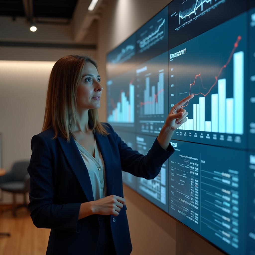Consultora revisando un panel de métricas de e-commerce en una pantalla grande